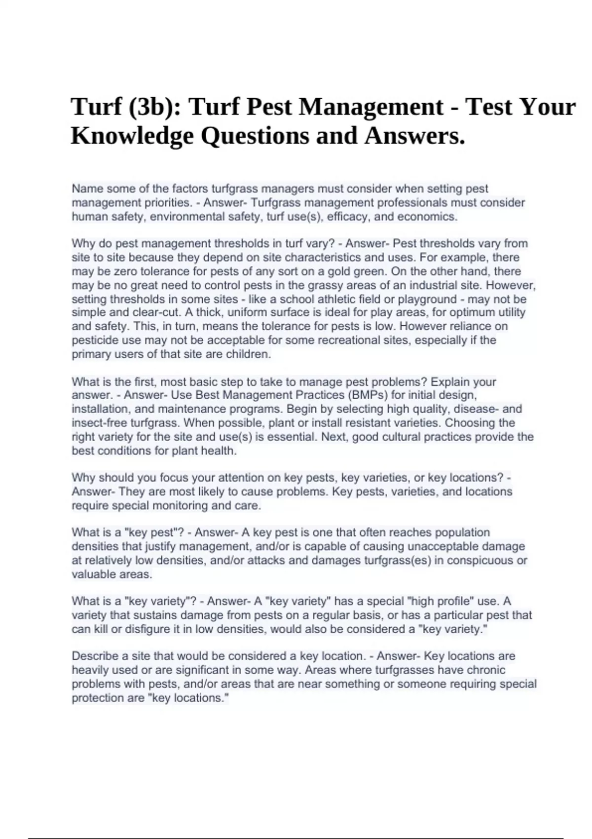 Turf (3b) Turf Pest Management Test Your Knowledge Questions and