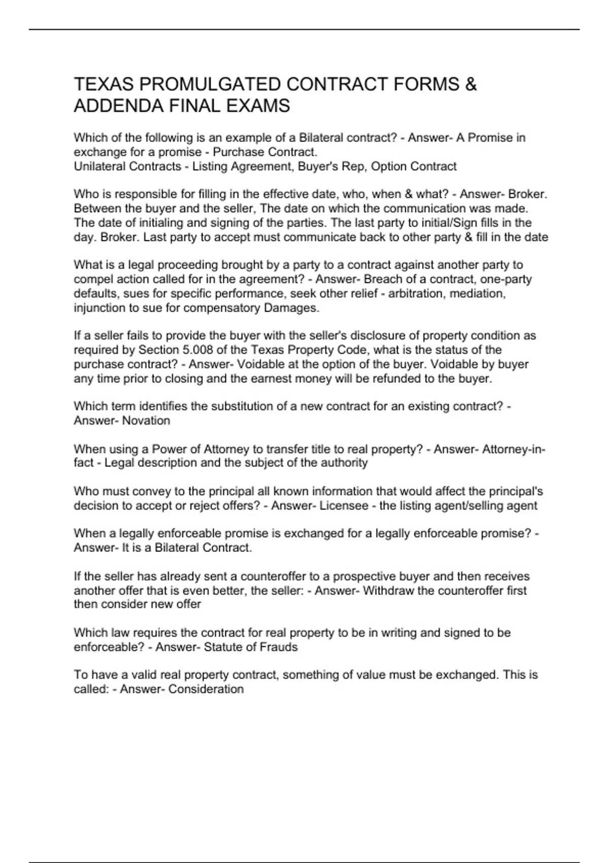 Texas Promulgated Contract Forms & Addenda Final Exams Texas