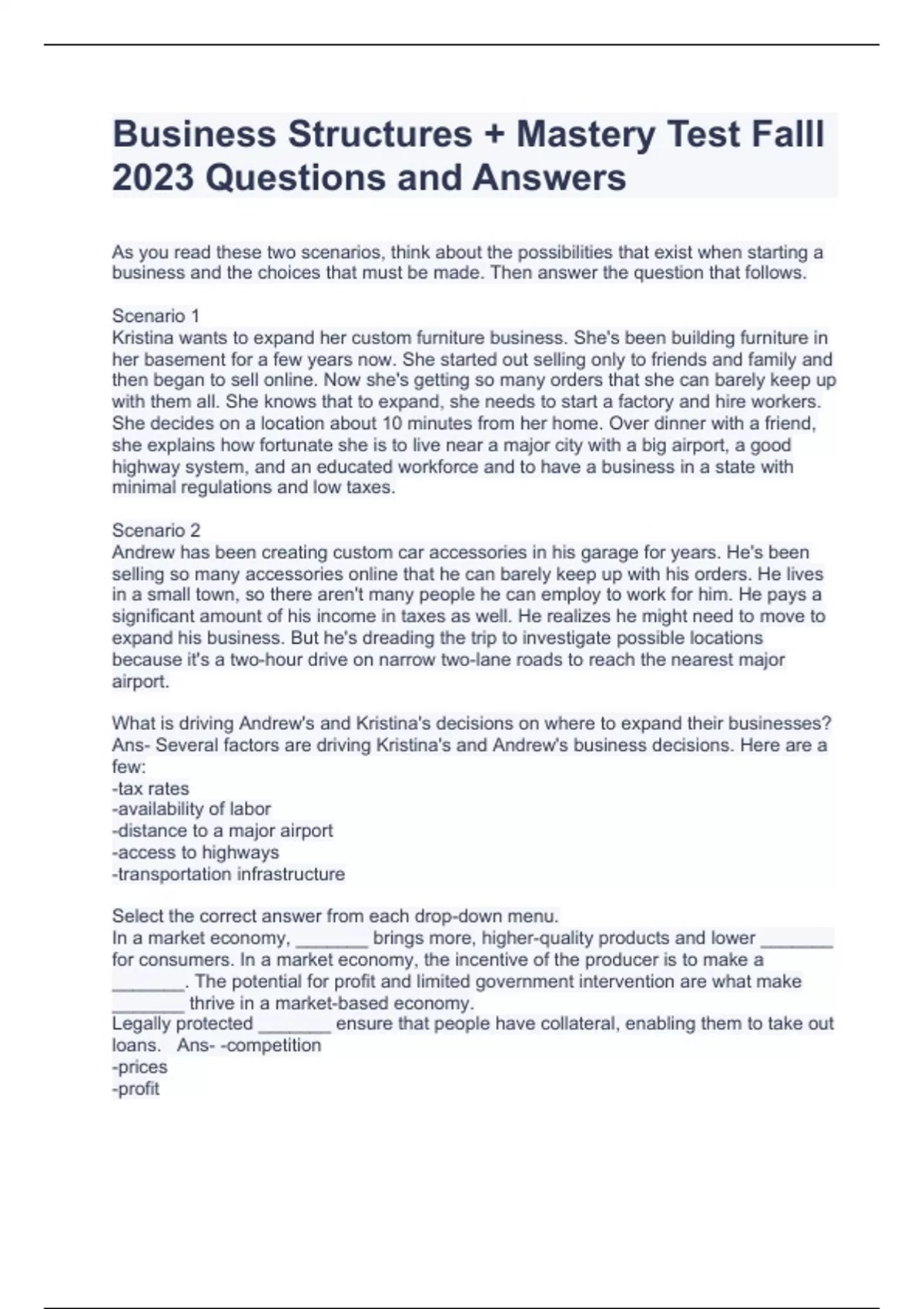 Business Structures + Mastery Test Falll 2023 Questions and Answers ...