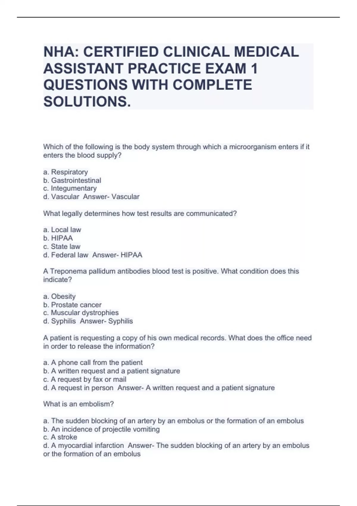 NHA CERTIFIED CLINICAL MEDICAL ASSISTANT PRACTICE EXAM 1 QUESTIONS