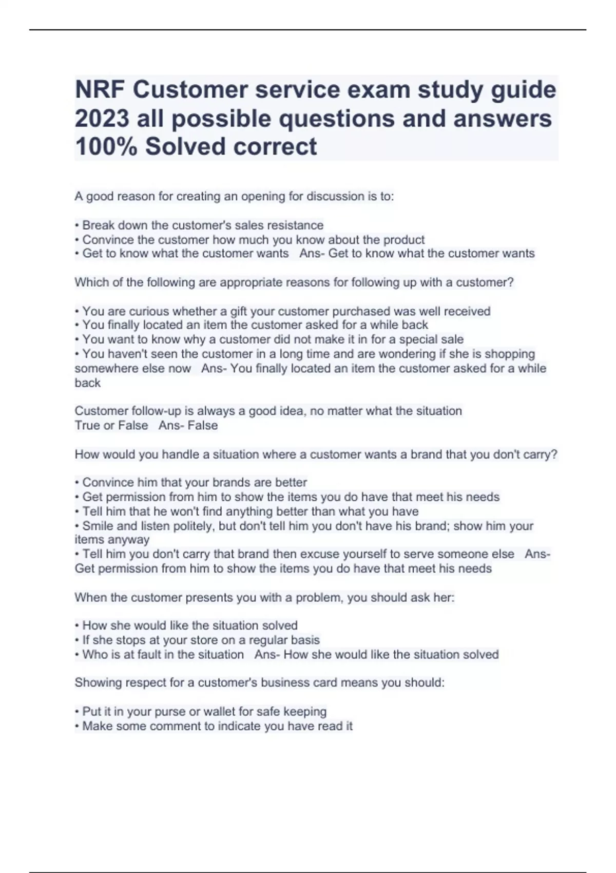 Customer service Bundled Exams with complete solutions;Everything you