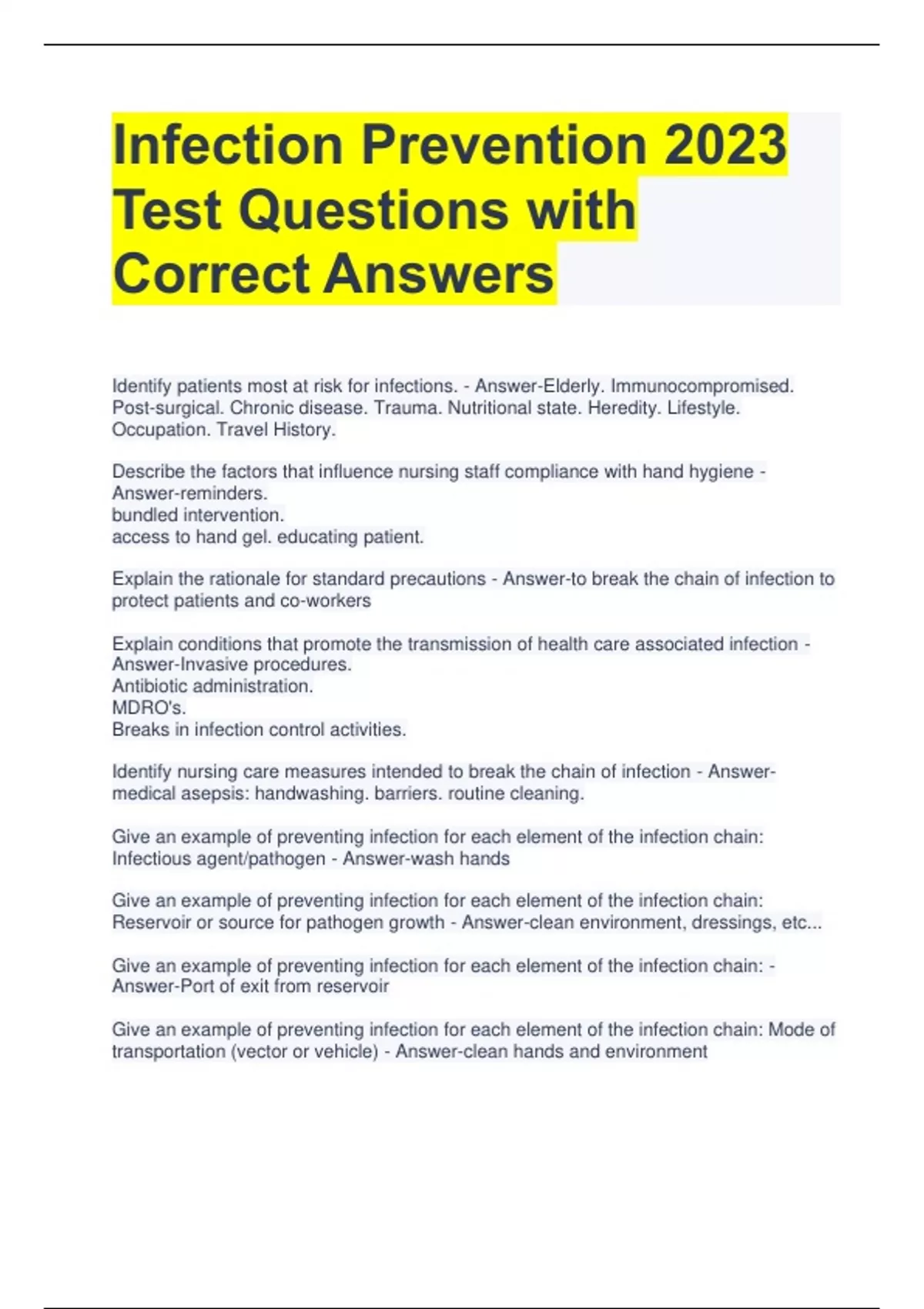 Infection Prevention 2023 Test Questions with Correct Answers ...