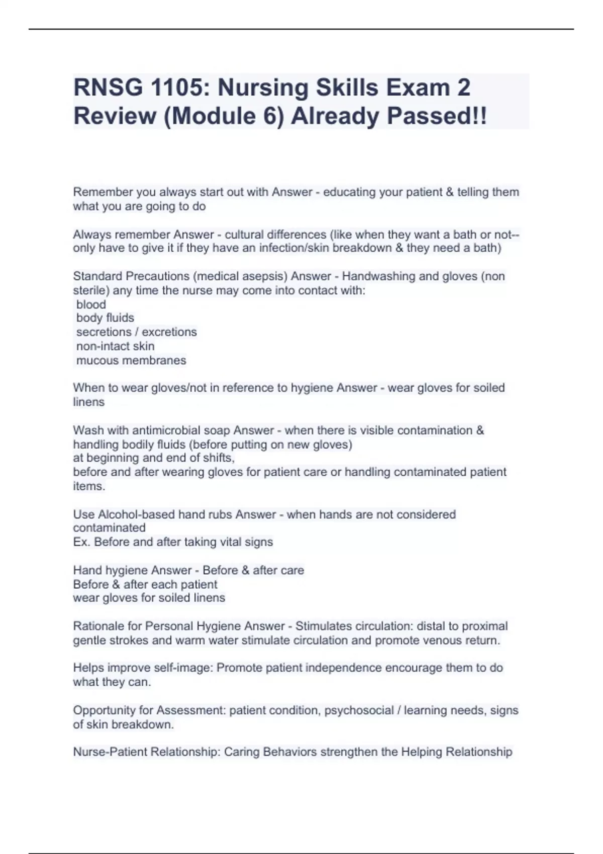 RNSG 1105 Nursing Skills Exam 2 Review (Module 6) Already Passed