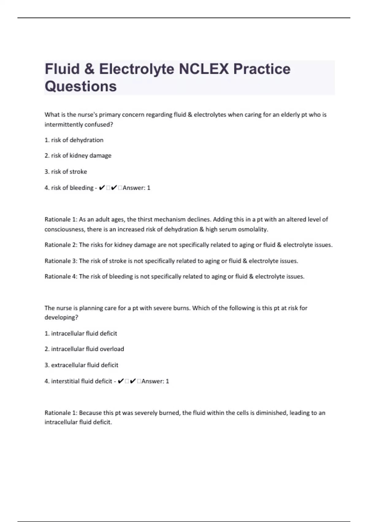 Fluid & Electrolyte NCLEX145 Practice Questions with 100 Correct
