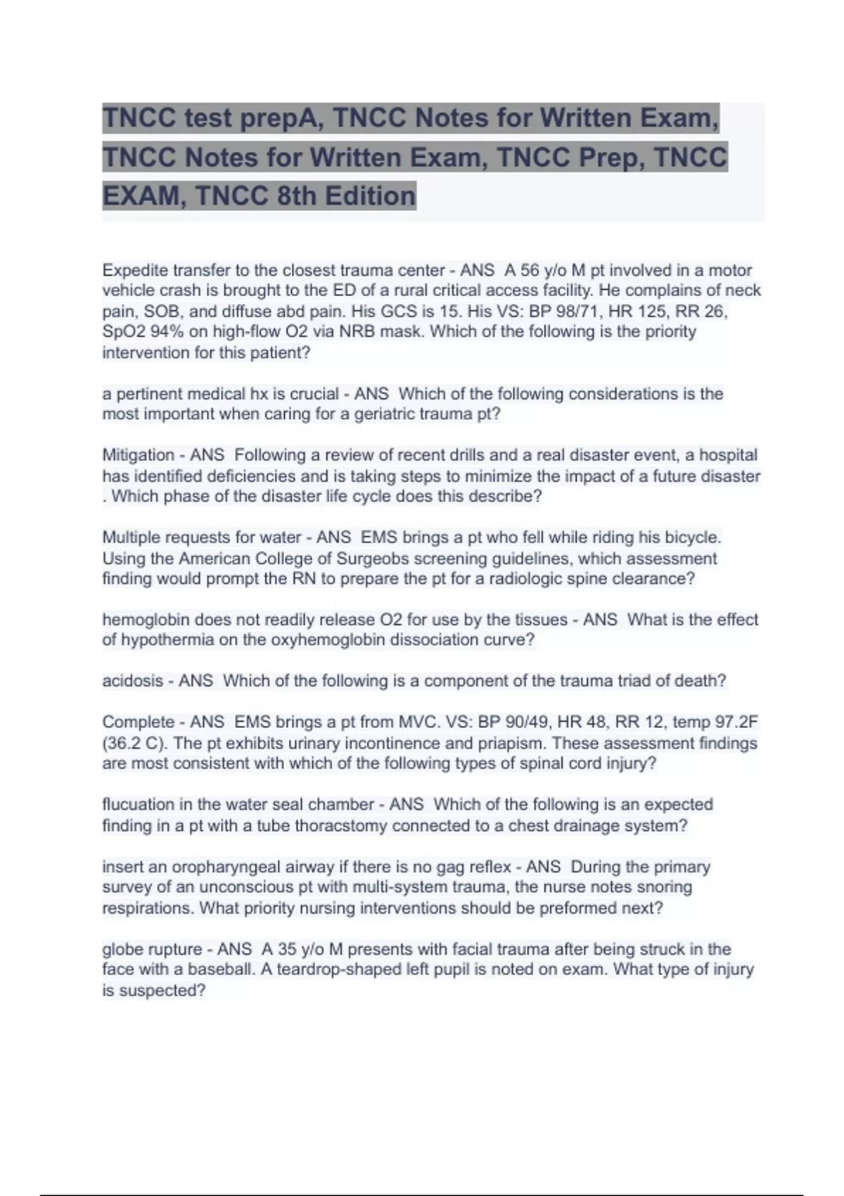 TNCC test prepA, TNCC Notes for Written Exam, TNCC Notes for Written ...