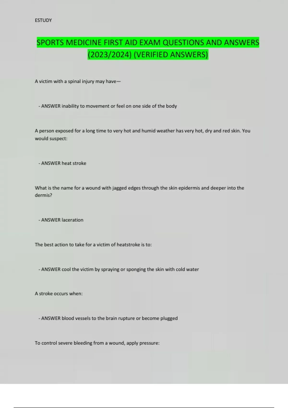 SPORTS MEDICINE FIRST AID EXAM QUESTIONS AND ANSWERS (2023/2024