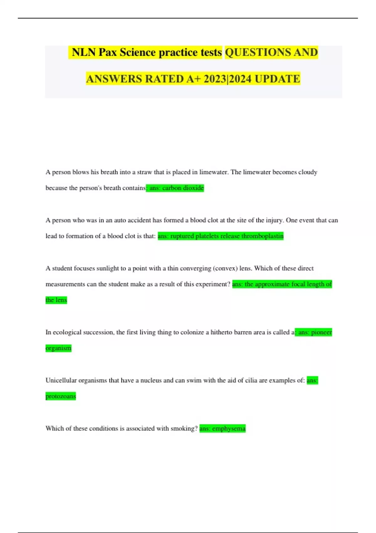 NLN Pax Science practice tests QUESTIONS AND ANSWERS RATED A+ 20232024