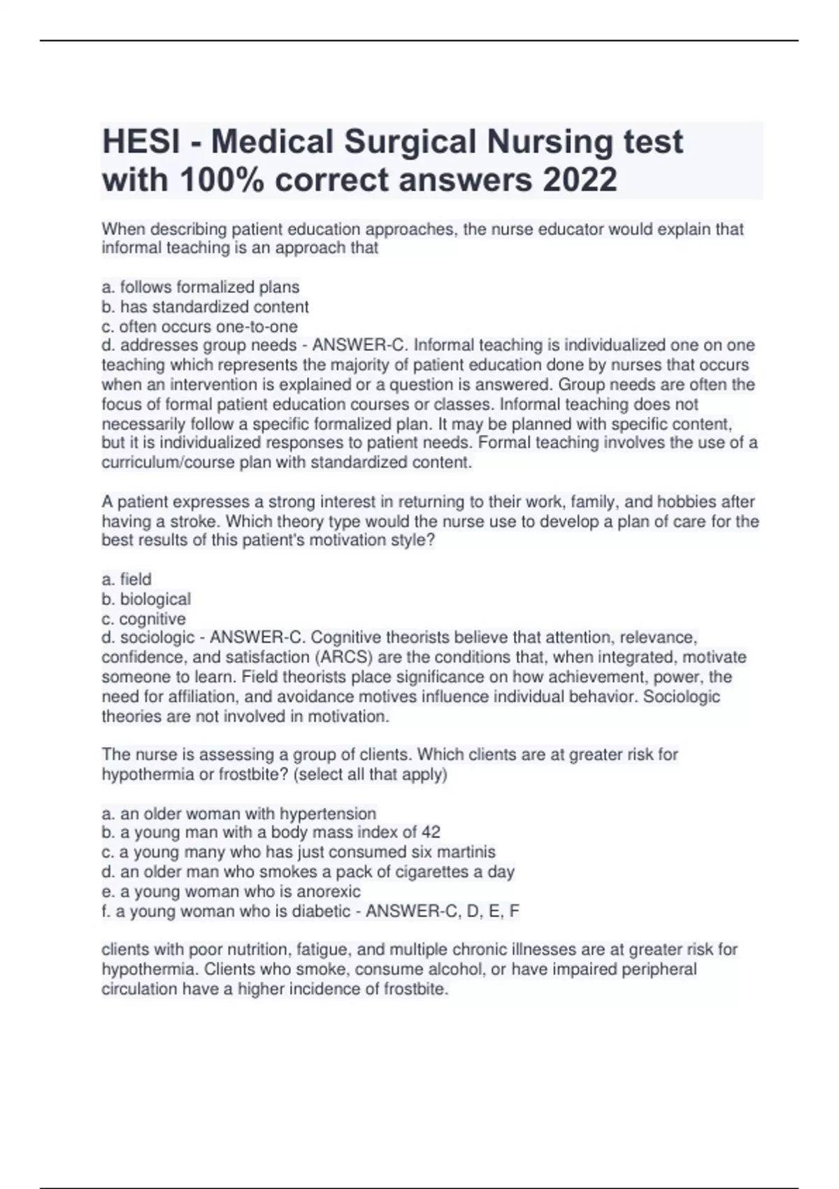 HESI Medical Surgical Nursing test with 100 correct answers 2022