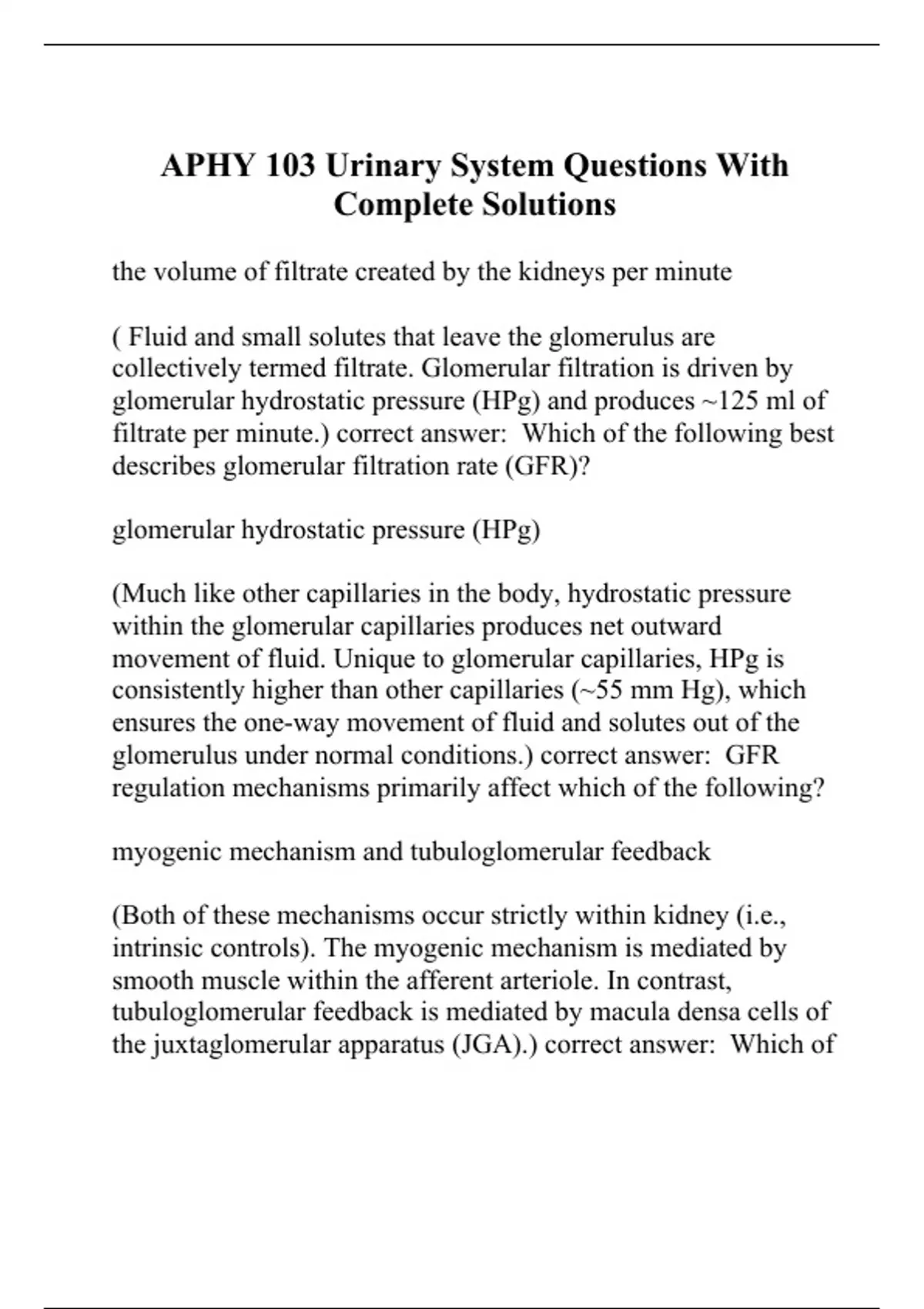 APHY 103 Urinary System Questions With Complete Solutions - APHY 103 ...
