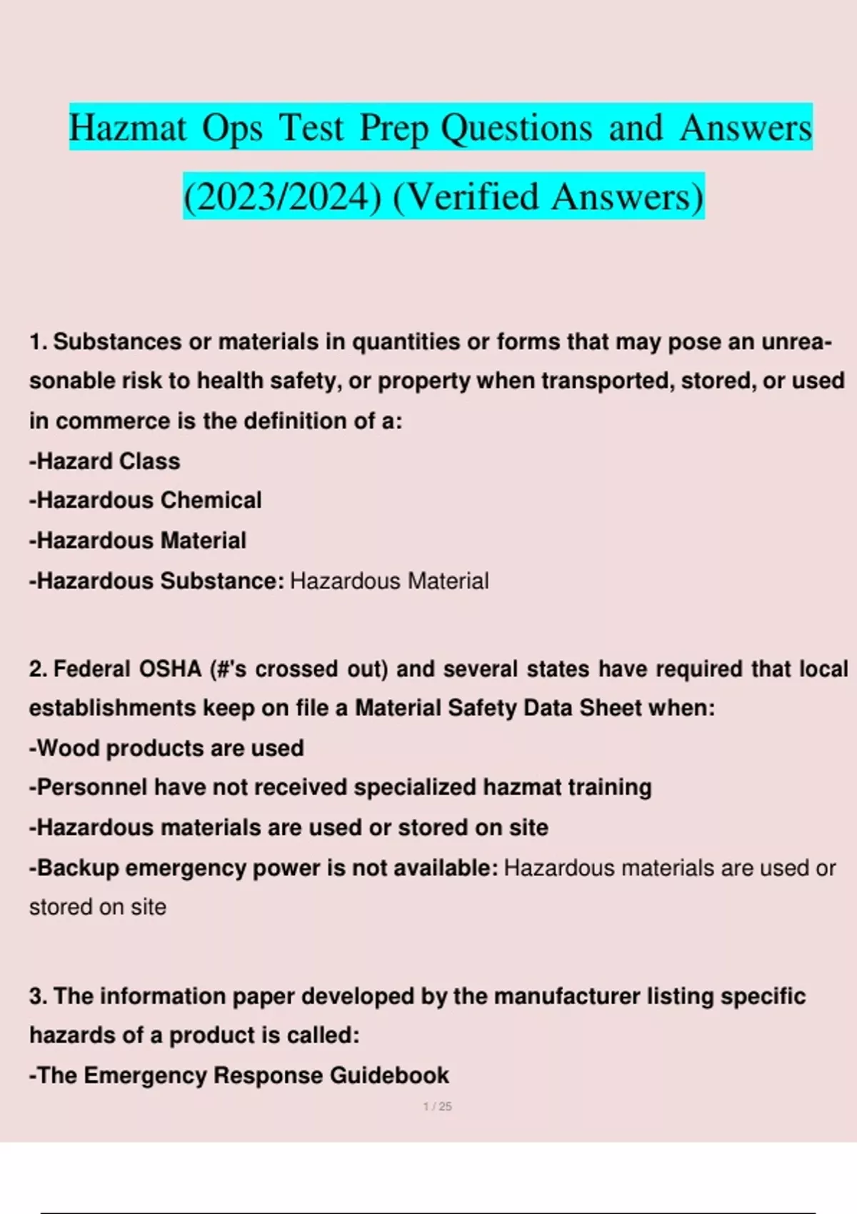 Hazmat Ops Test Prep Questions and Answers (2023/2024) (Verified