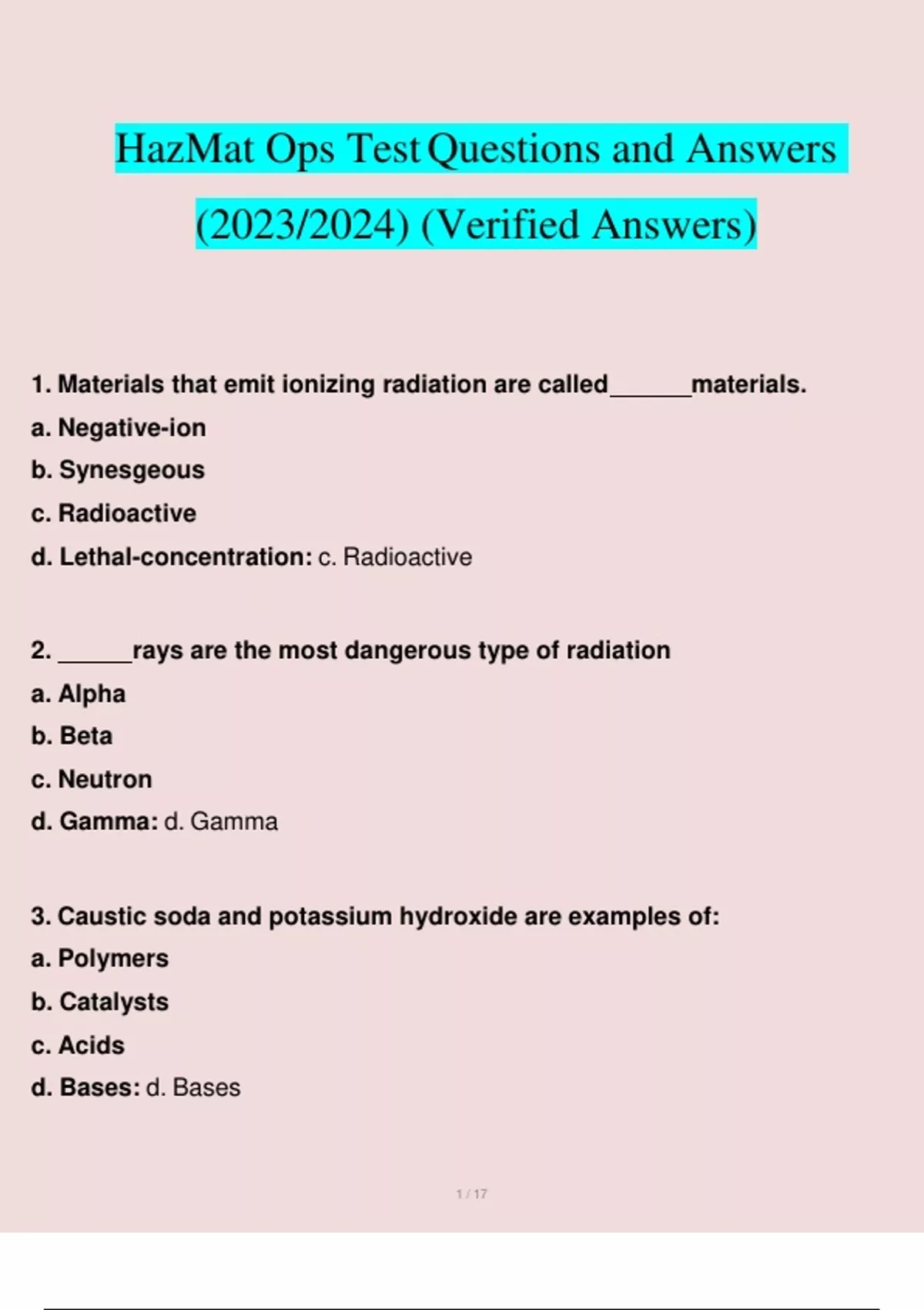 HazMat Ops Test Questions and Answers (2023/2024) (Verified Answers