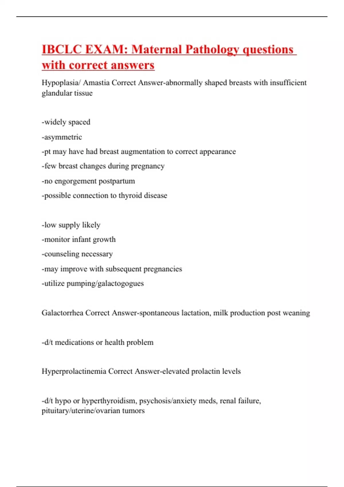 IBCLC EXAM Maternal Pathology questions with correct answers IBCLC Stuvia US