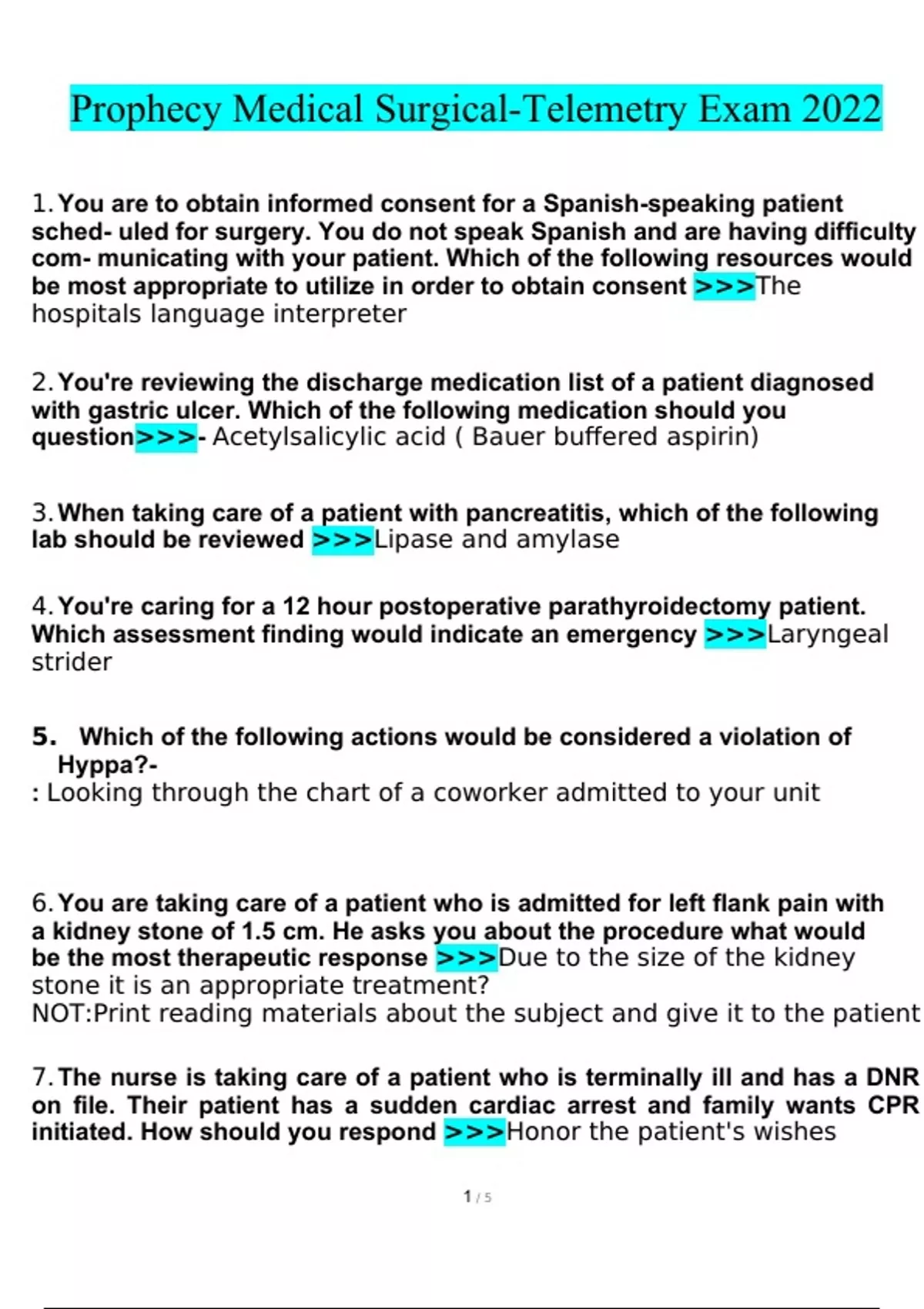 Prophecy medical surgical-telemetry exam Questions With Complete ...