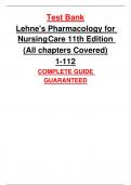 Test Bank for Lehne's Pharmacology for Nursing Care 11th Edition  (All chapters Covered) 1-112 COMPLETE GUIDE  GUARANTEED