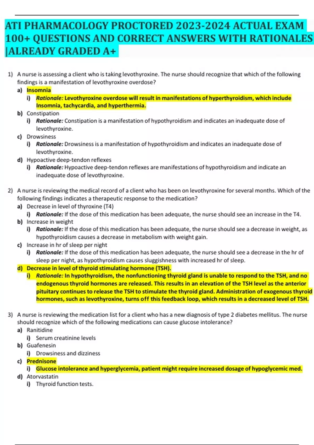 ATI PHARMACOLOGY PROCTORED ACTUAL EXAM 100+ QUESTIONS AND CORRECT ...