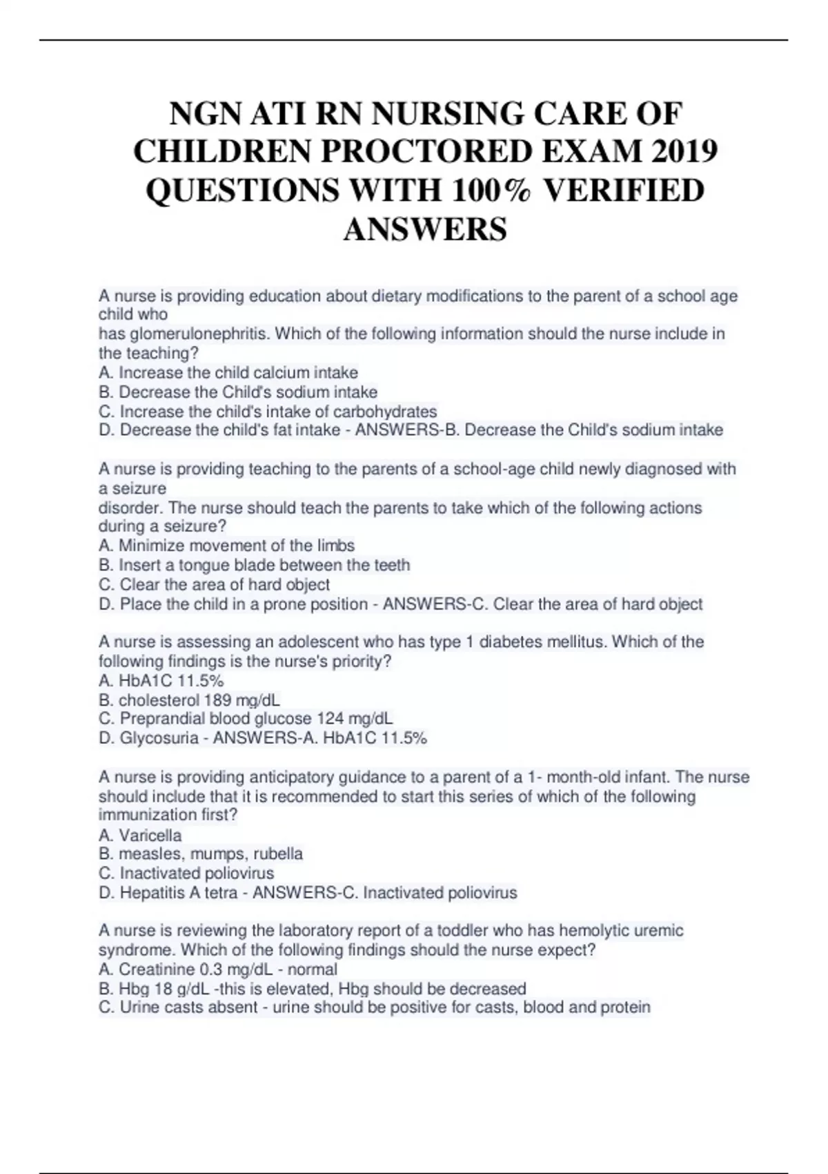 NGN ATI RN NURSING CARE OF CHILDREN PROCTORED EXAM 2019 QUESTIONS WITH ...