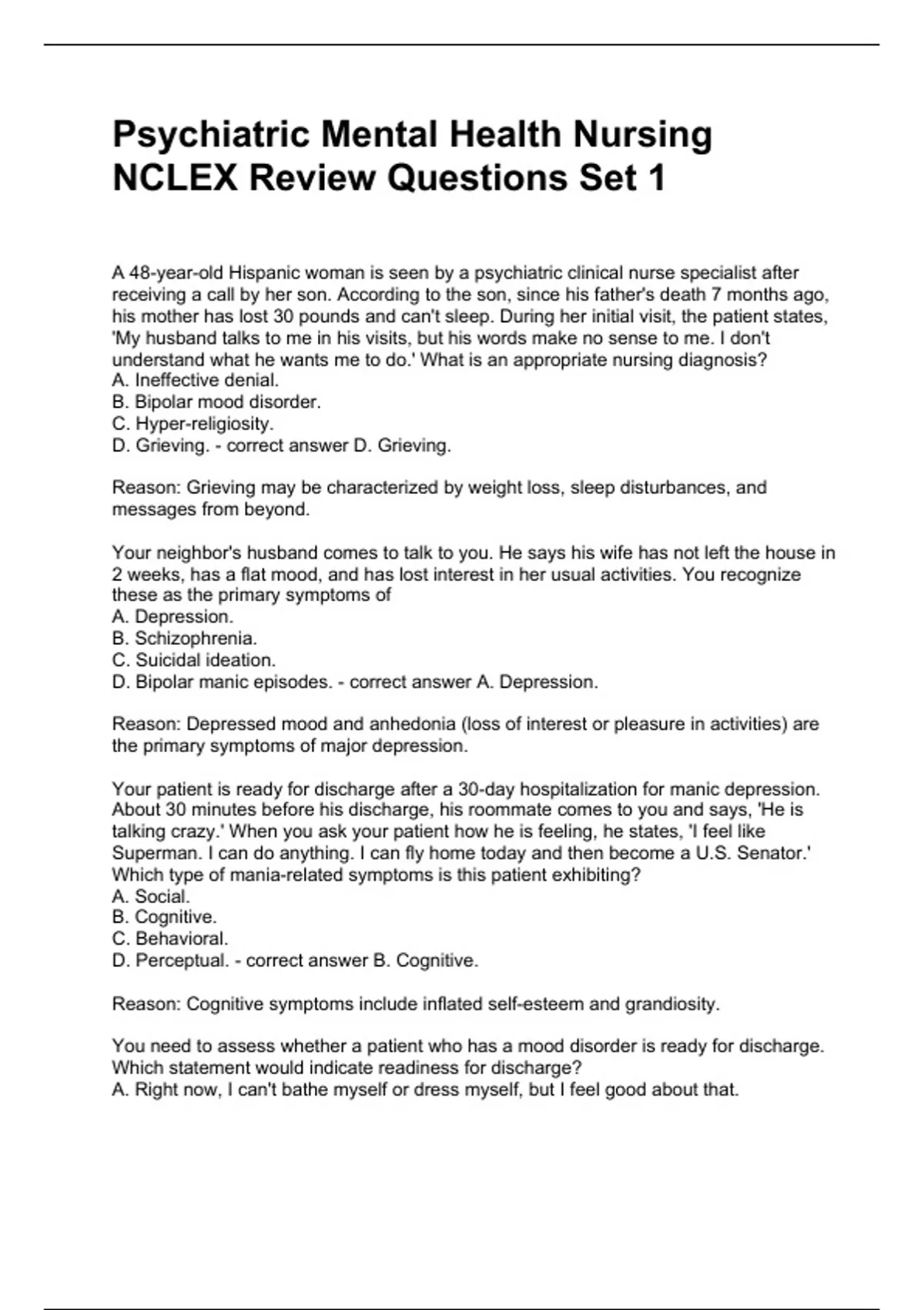 Psychiatric Mental Health Nursing NCLEX Review Questions Set 1