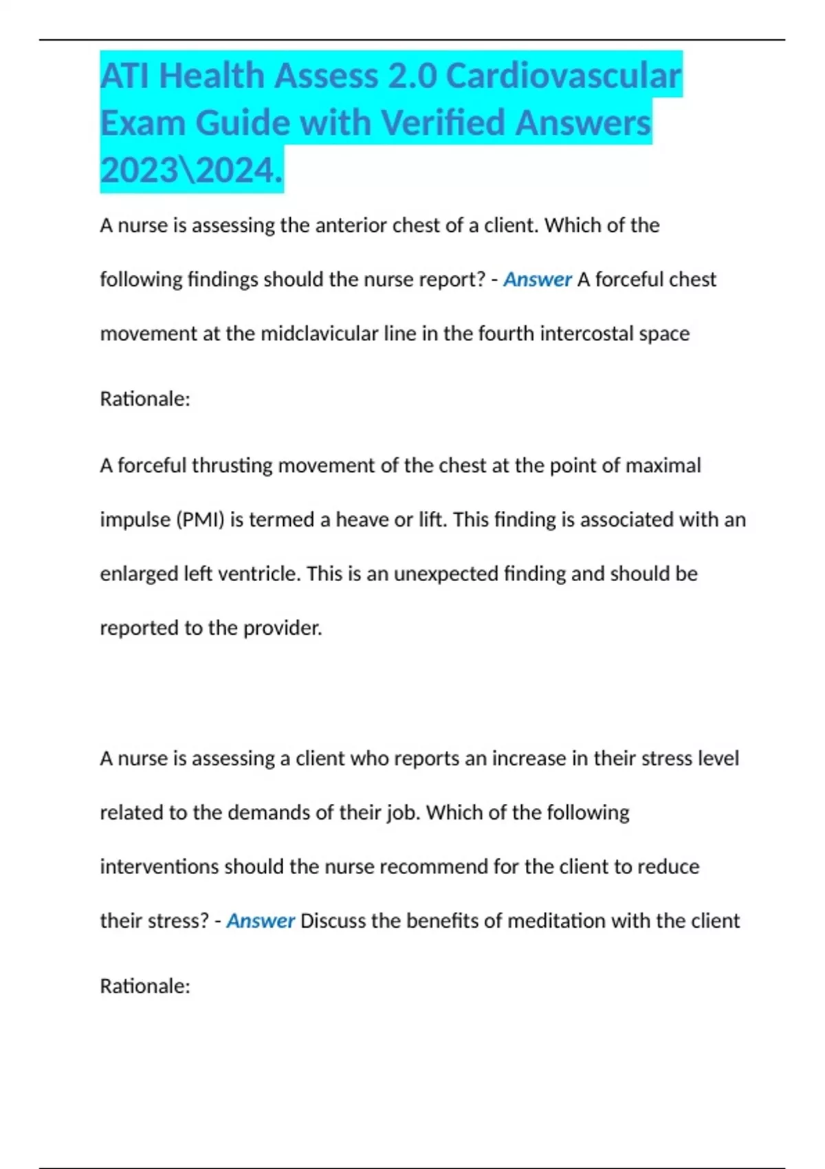 ATI Health Assess 2.0 Cardiovascular Exam Guide with Verified Answers