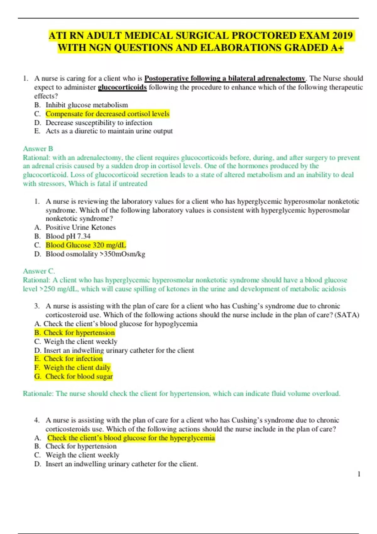 ATI RN ADULT MEDICAL SURGICAL PROCTORED EXAM 2019 WITH NGN QUESTIONS ...