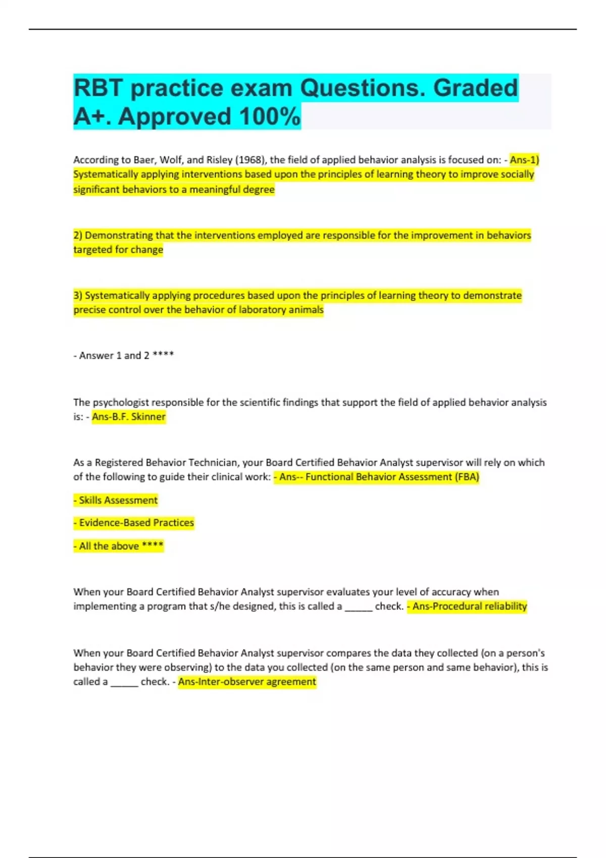 RBT practice exam Questions. Graded A+. Approved 100 RBT Stuvia US