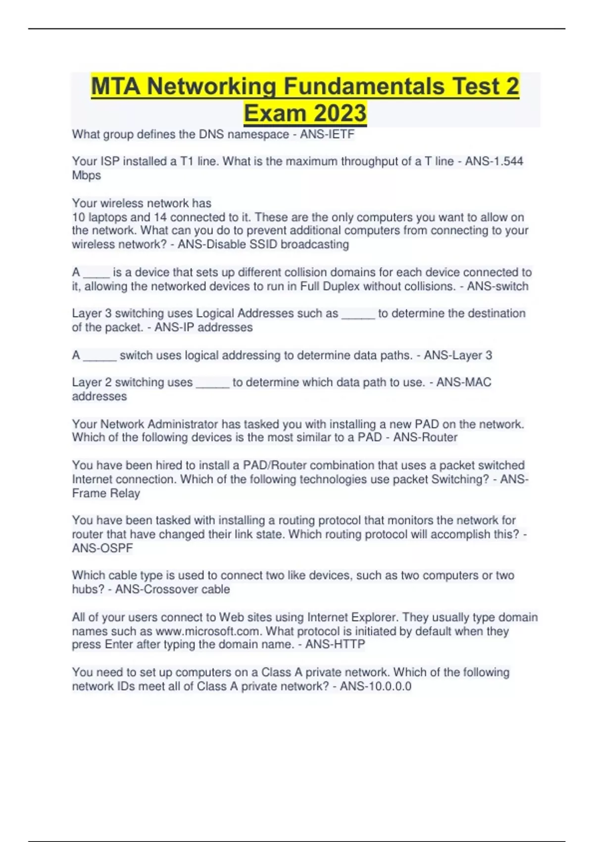 MTA Networking Fundamentals Test 2 Exam 2023 MTA Microsoft