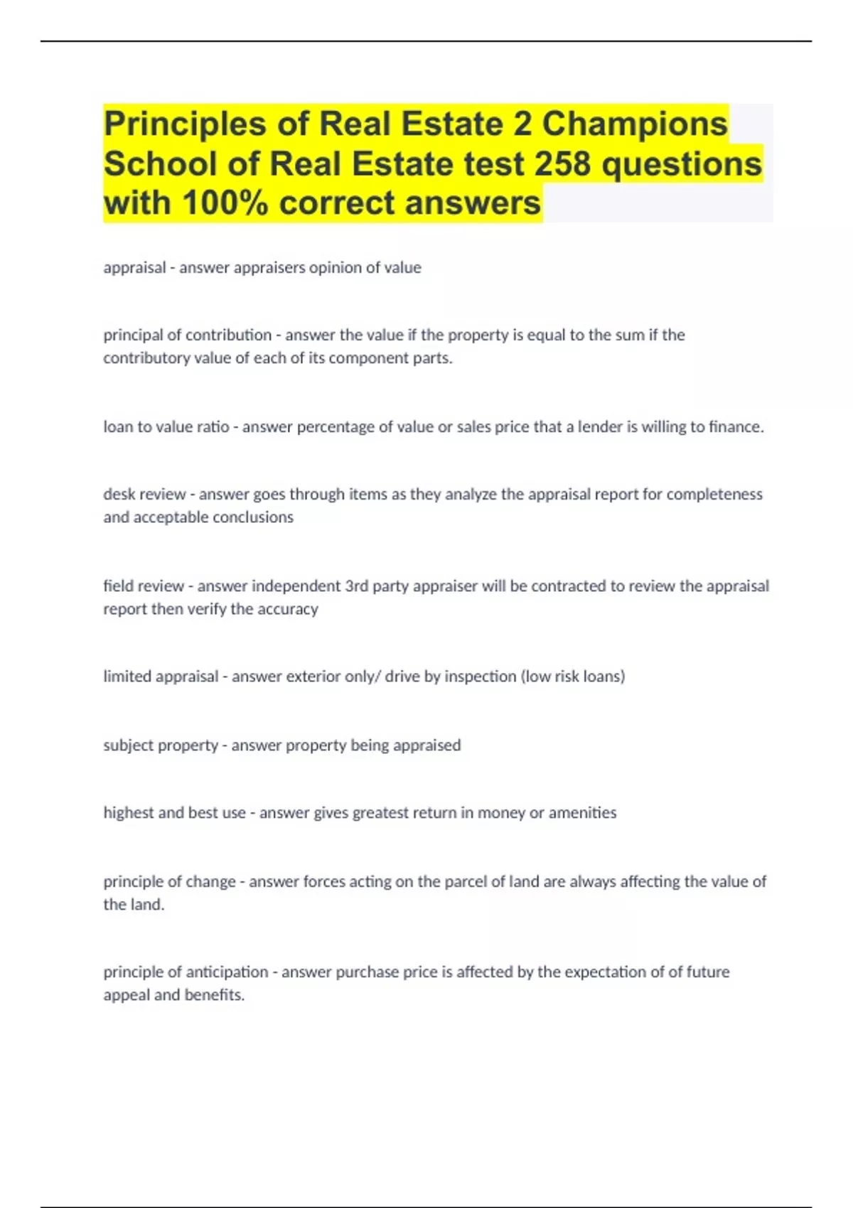 Principles of Real Estate 2 Champions School of Real Estate test 258