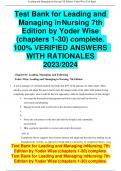 Test Bank for Leading and  Managing inNursing 7th  Edition by Yoder Wise (chapters 1-30) complete. 100% VERIFIED ANSWERS  WITH RATIONALES  2023/2024