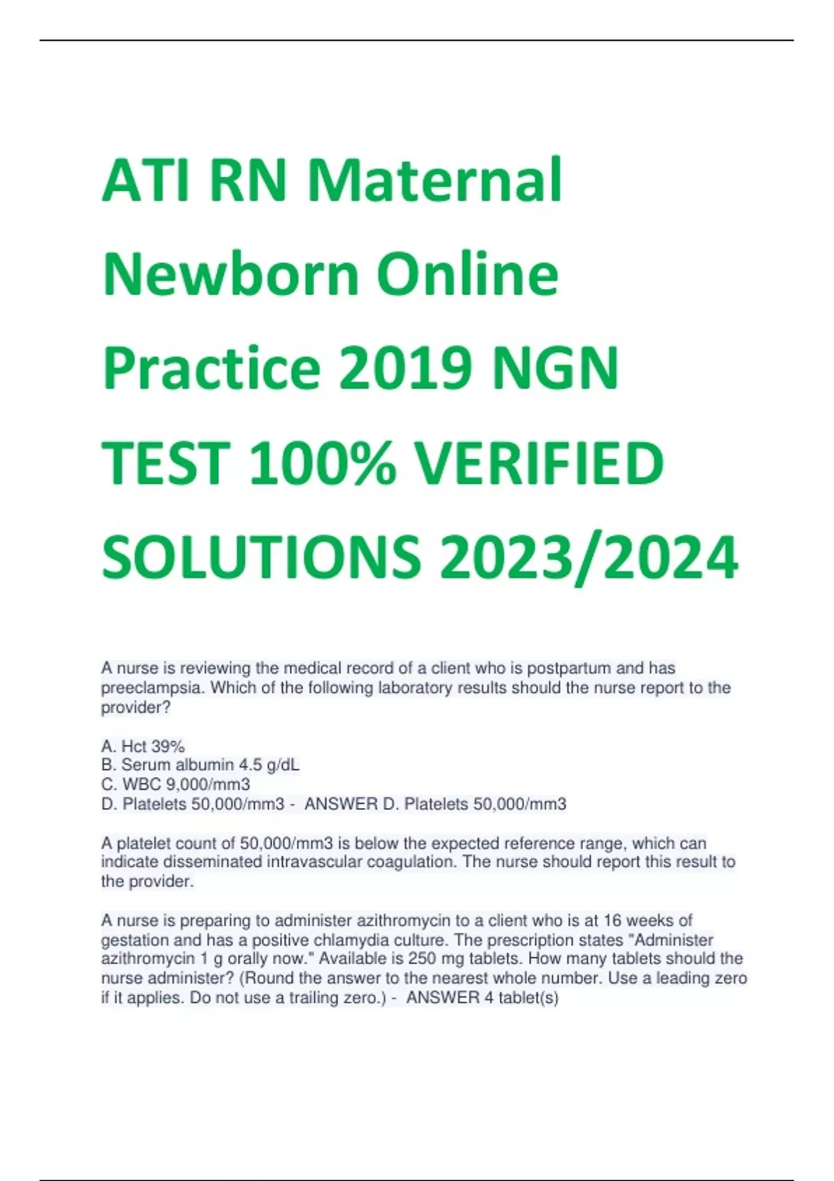 ATI RN Maternal Newborn Online Practice 2019 NGN TEST 100 VERIFIED