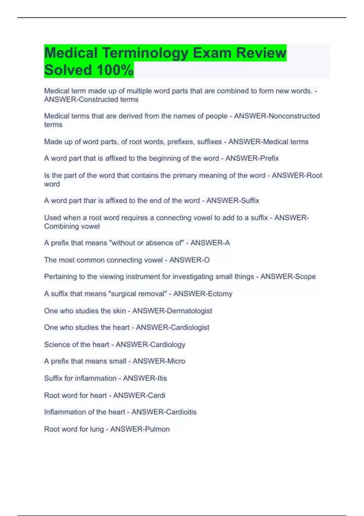 Medical Terminology Exam Review Solved 100 Medical Terminology
