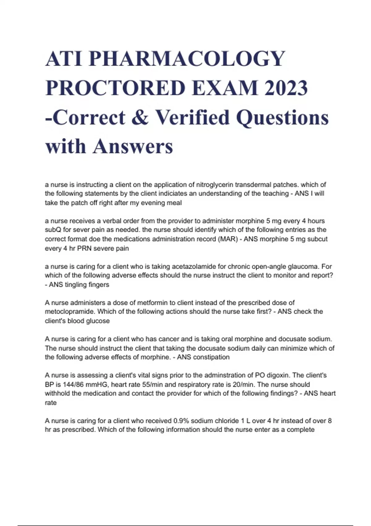 ATI PHARMACOLOGY PROCTORED EXAM 2023 -Correct & Verified Questions with ...