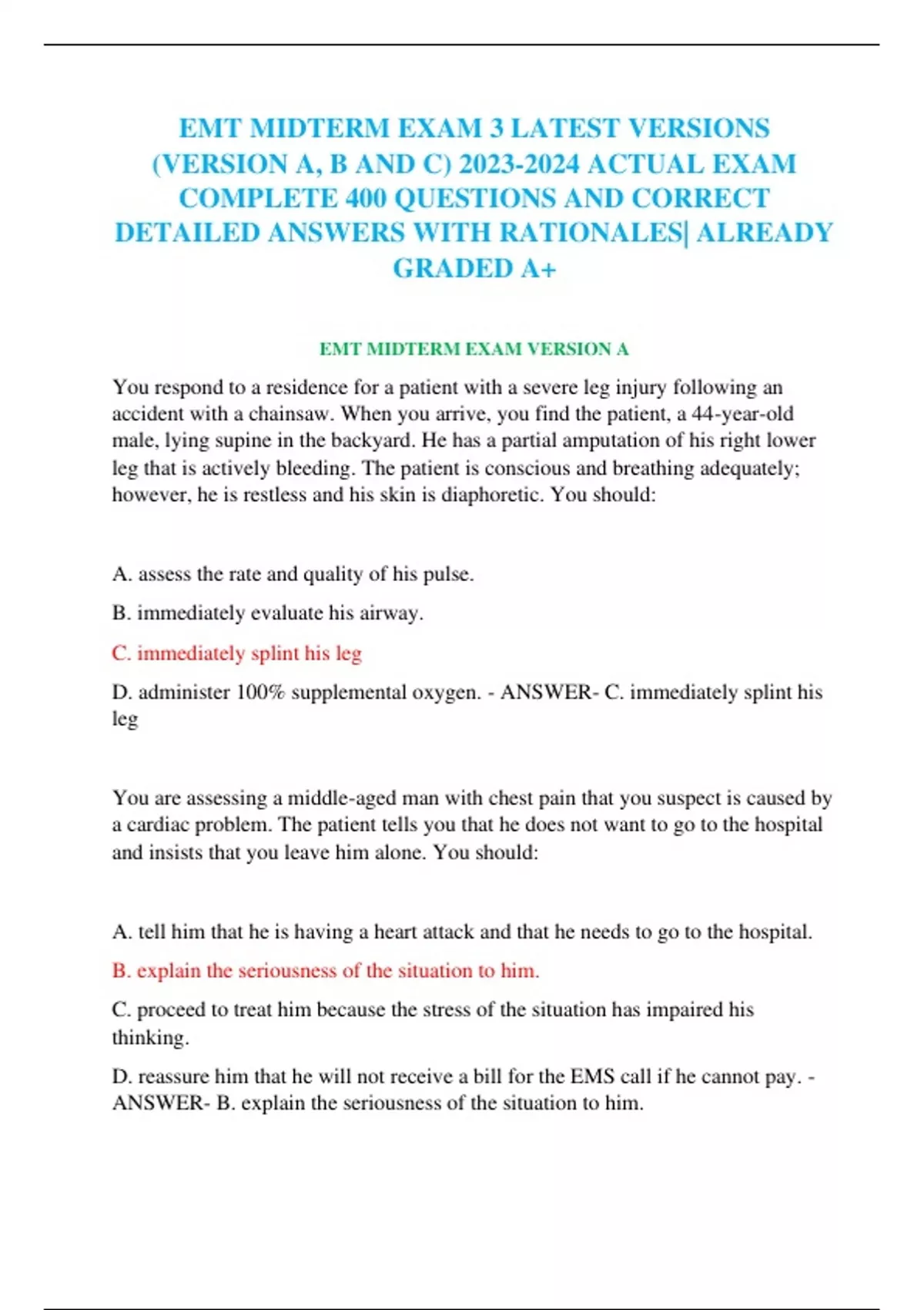 EMT MIDTERM EXAM 3 LATEST VERSIONS (VERSION A, B AND C) ACTUAL EXAM