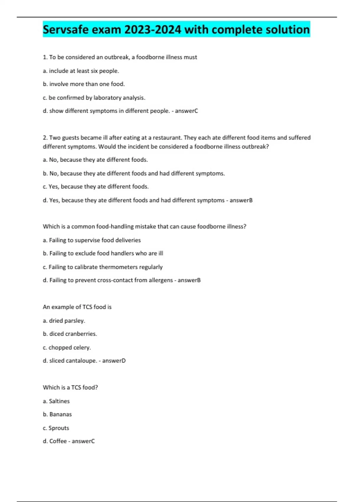 Servsafe exam with complete solution - ServSafe - Stuvia US