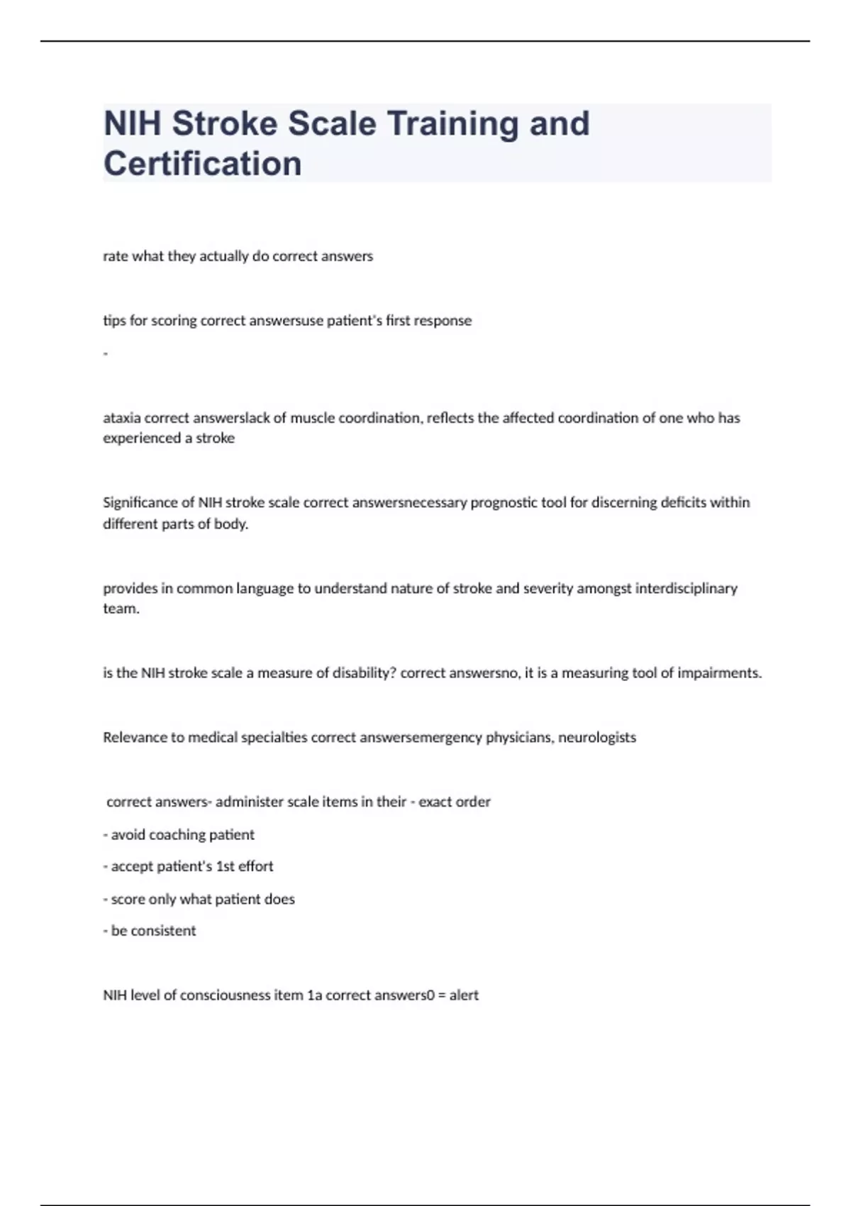 NIH Stroke Scale Training and Certification exam 2023 with verified