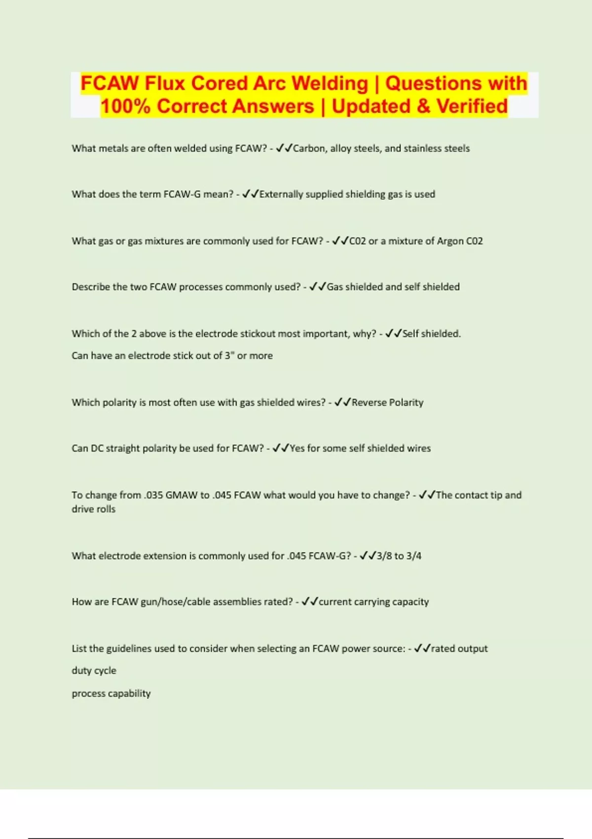 FCAW Flux Cored Arc Welding Questions with 100 Correct Answers