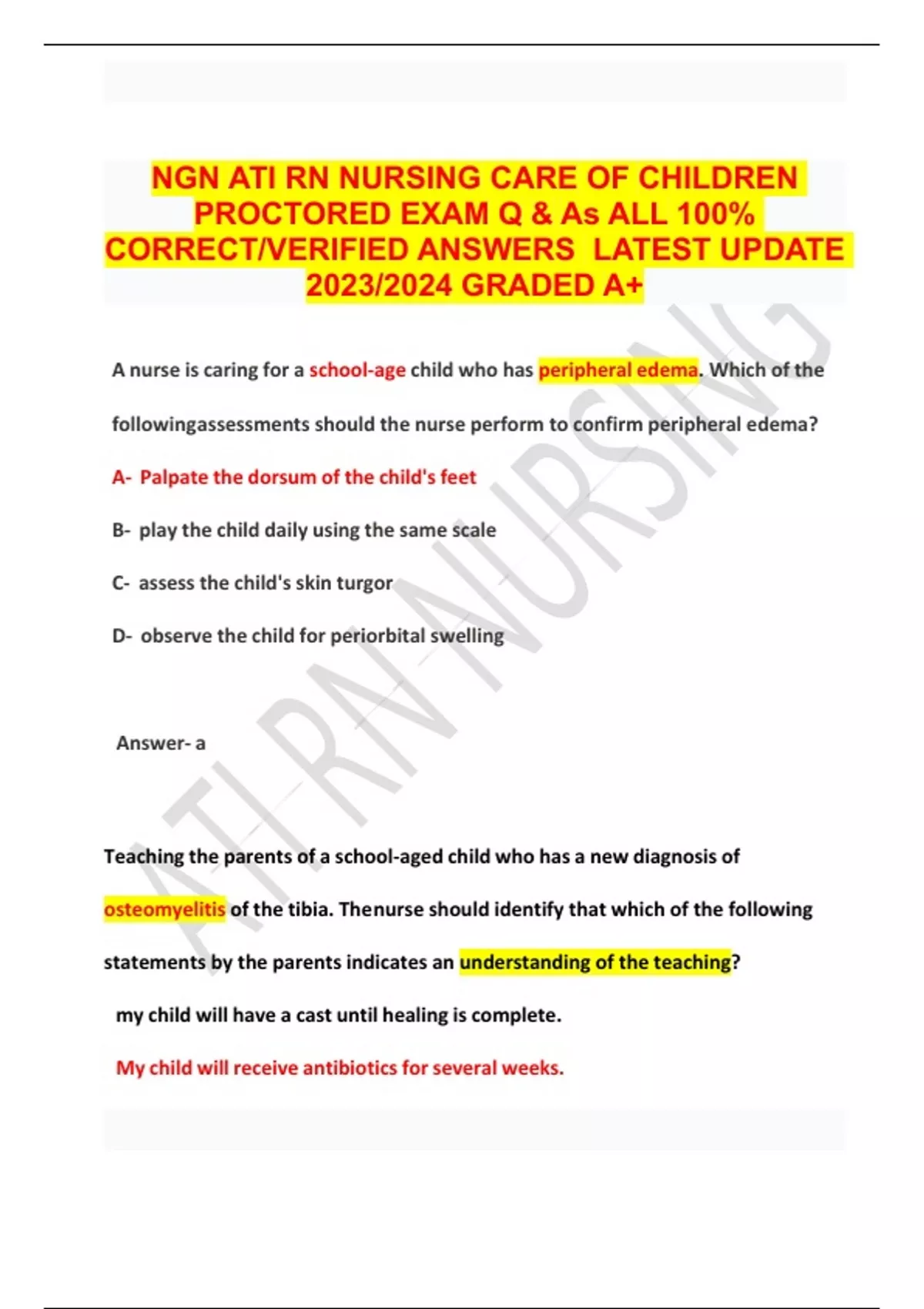 NGN ATI RN NURSING CARE OF CHILDREN PROCTORED EXAM Q & As ALL 100% ...