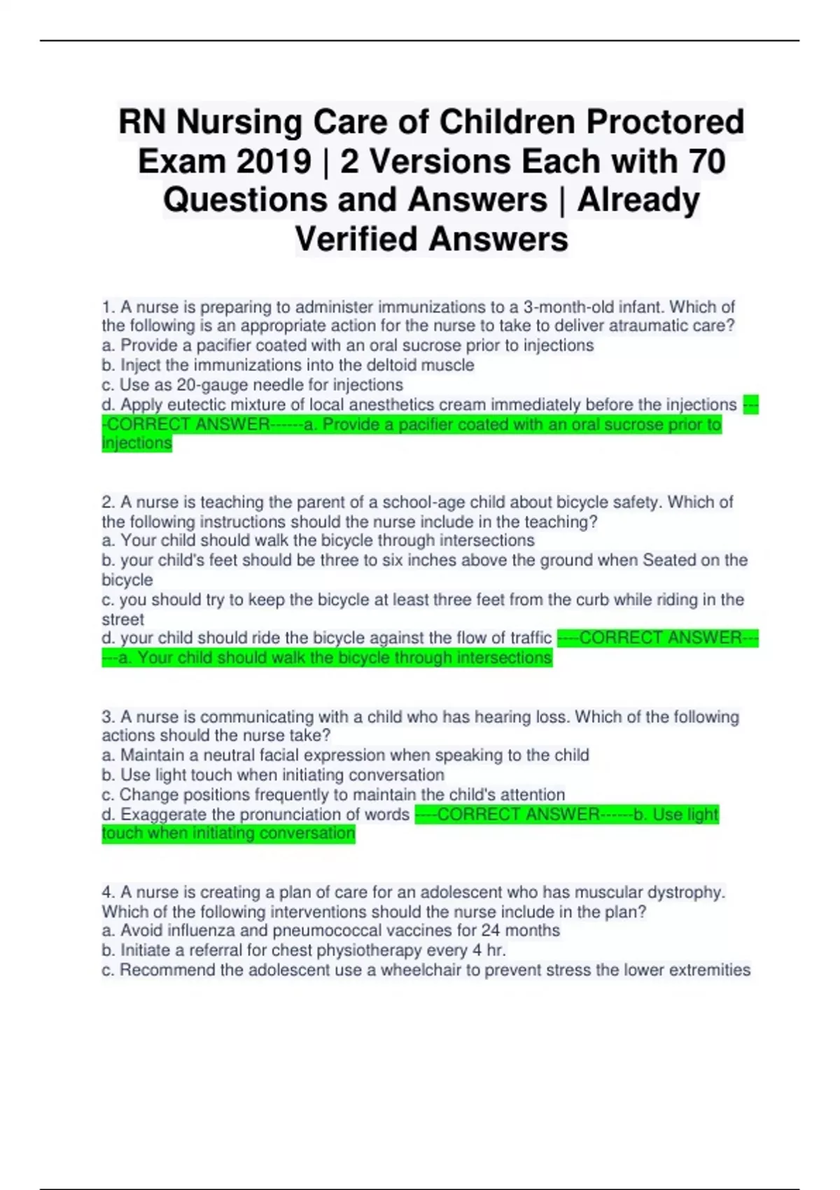 RN Nursing Care of Children Proctored Exam 2019 | 2 Versions Each with ...