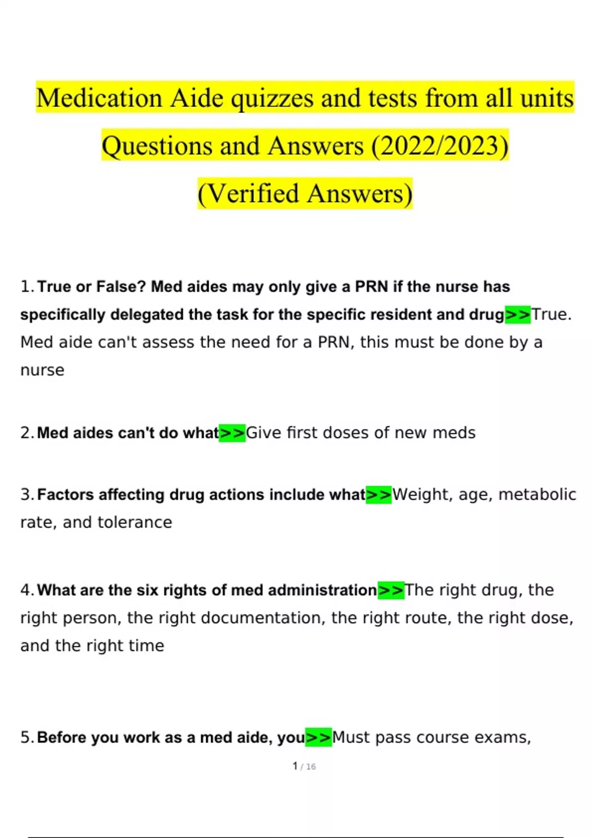 Medication Aide quizzes and tests from all units Questions with complete solutions Certified