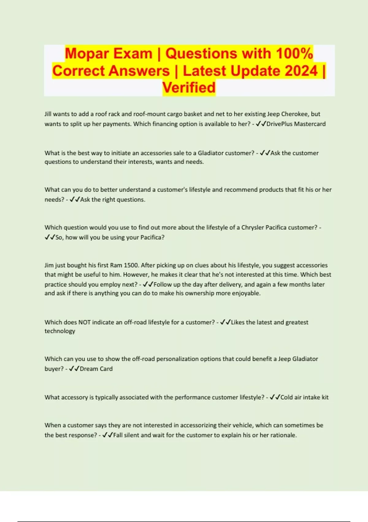 Mopar Exam Questions with 100 Correct Answers Latest Update 2024