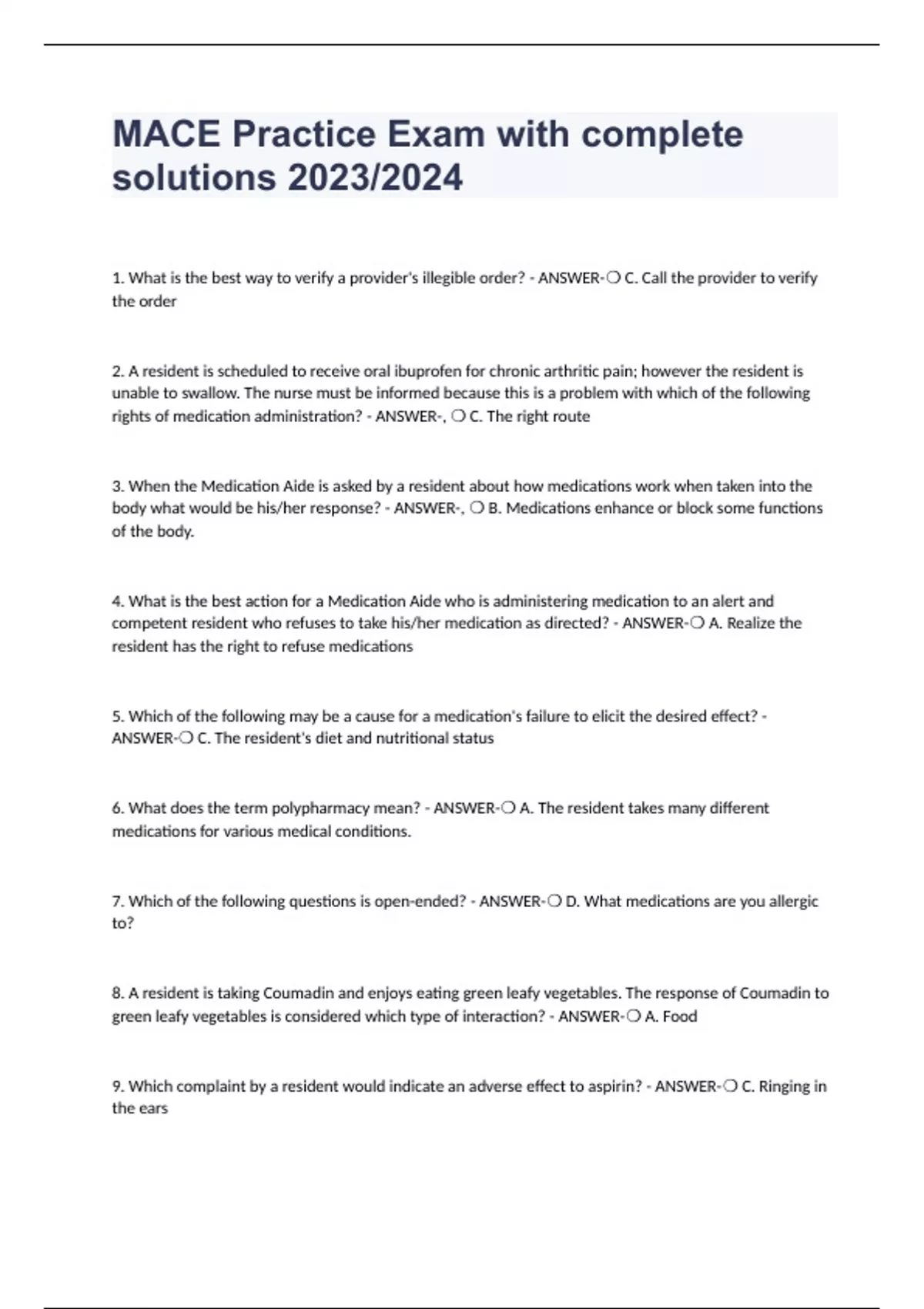 MACE Practice Exam with complete solutions 2023/2024 MACE Stuvia US