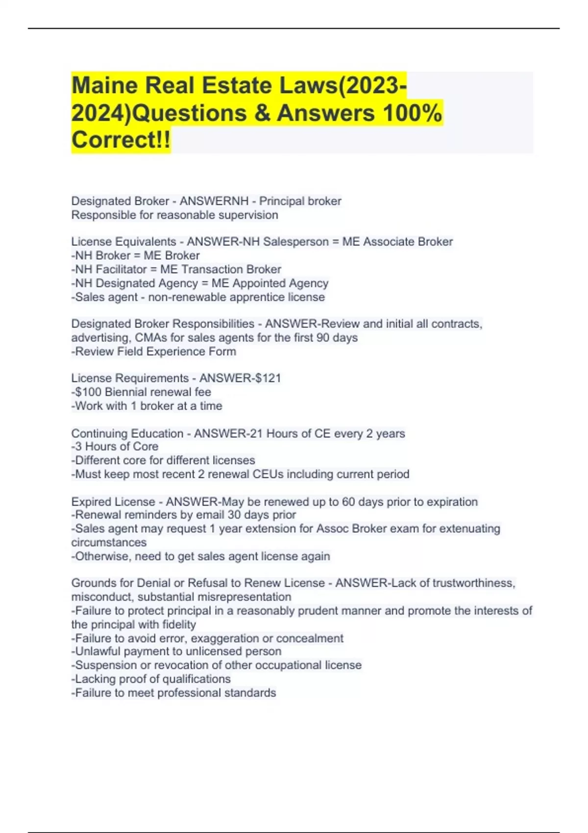 Maine Real Estate Laws()Questions & Answers 100 Correct!! Maine Real