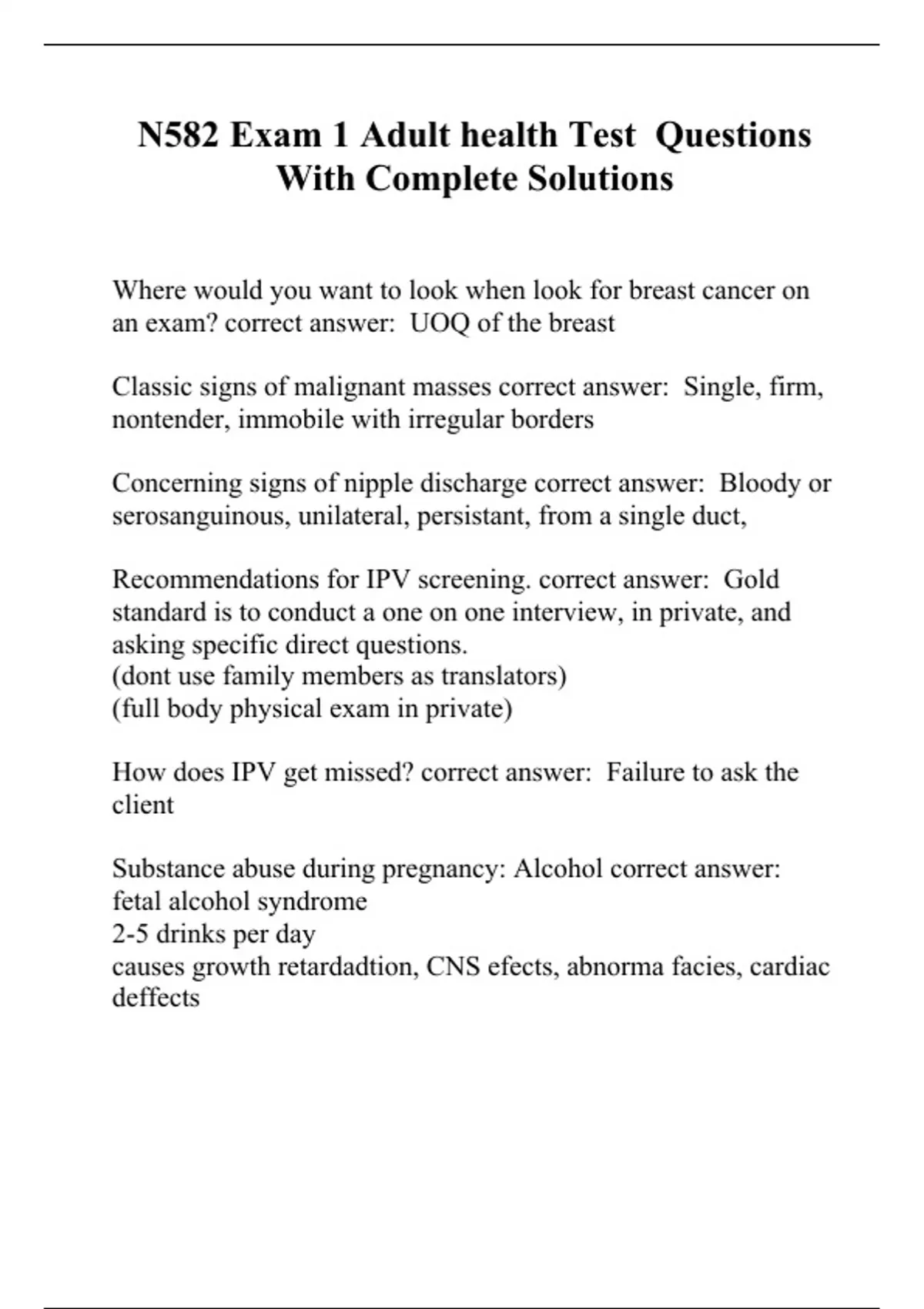 N582 Exam 1 Adult health Test Questions With Complete Solutions N582