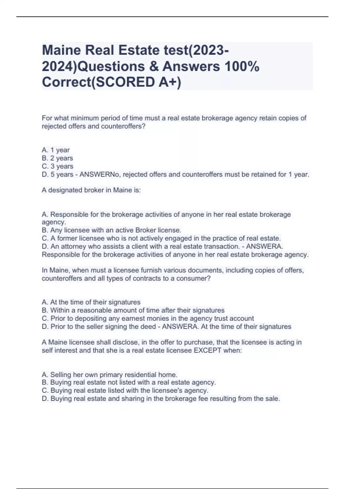 Maine Real Estate test()Questions & Answers 100 Correct(SCORED A+