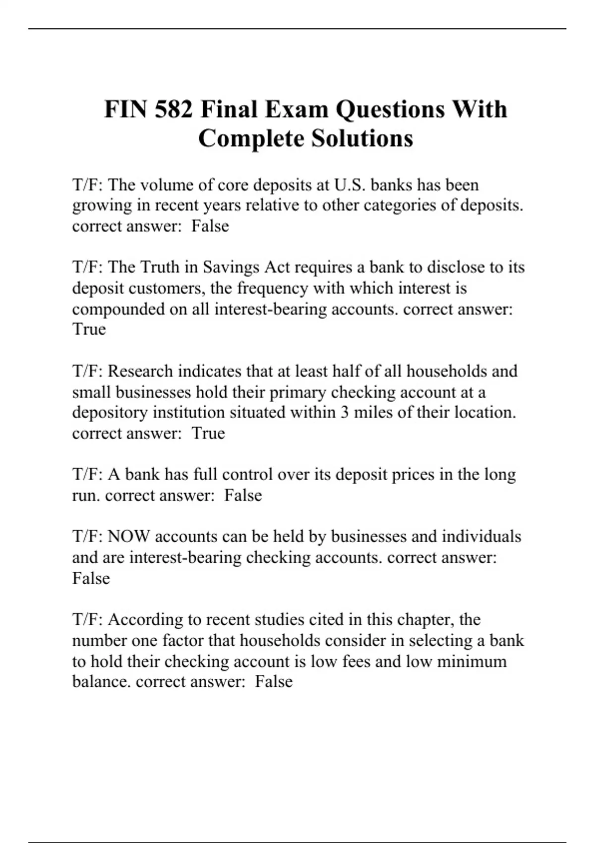 FIN 582 Final Exam Questions With Complete Solutions - FIN 582 - Stuvia US