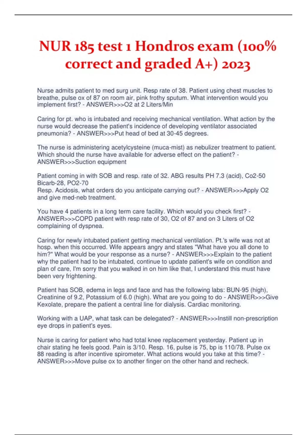 NUR 185 test 1 Hondros exam (100% correct and graded A+) 2023 - NUR 185 ...