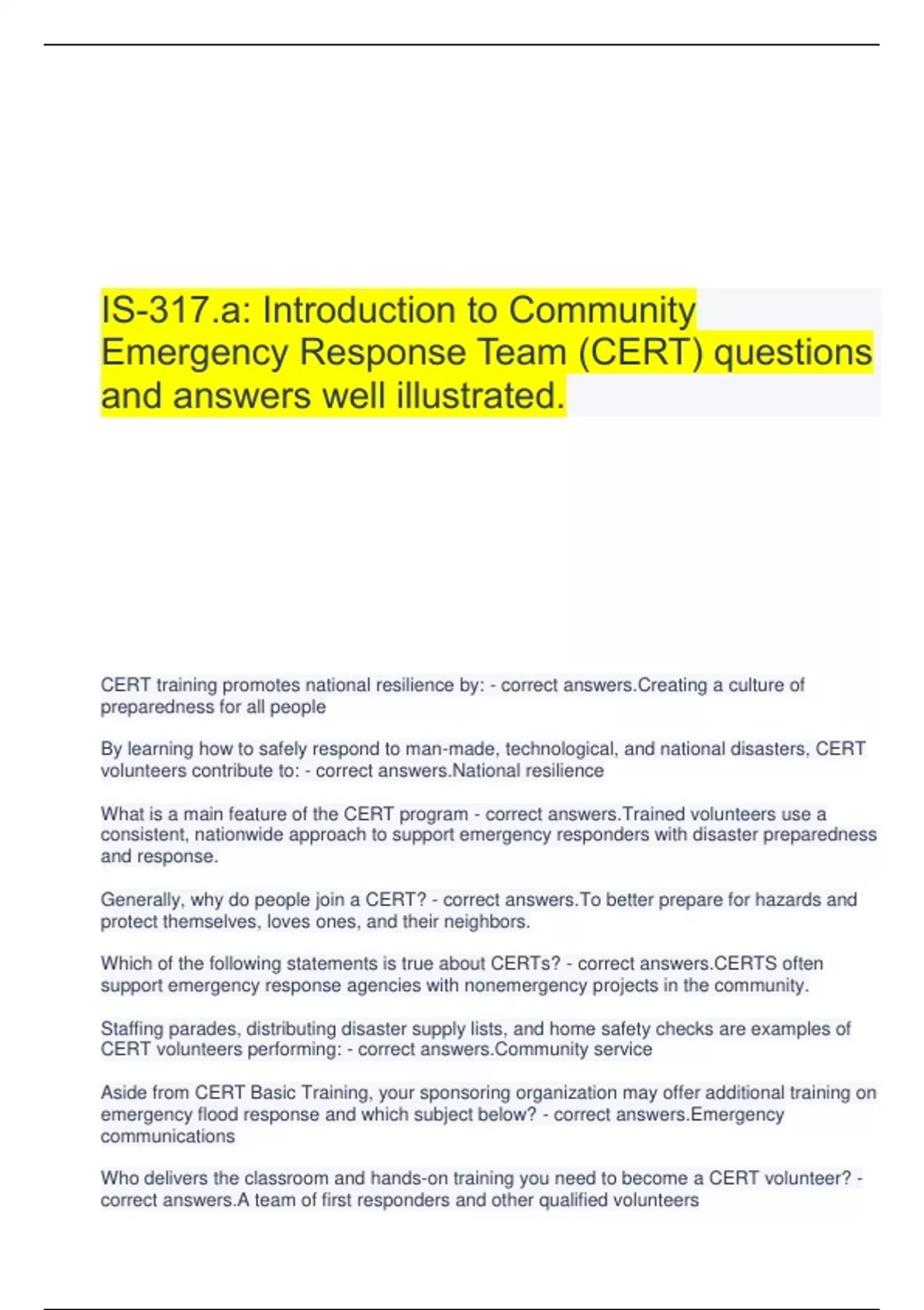 Final Exam for IS317 Introduction to Community Emergency Response