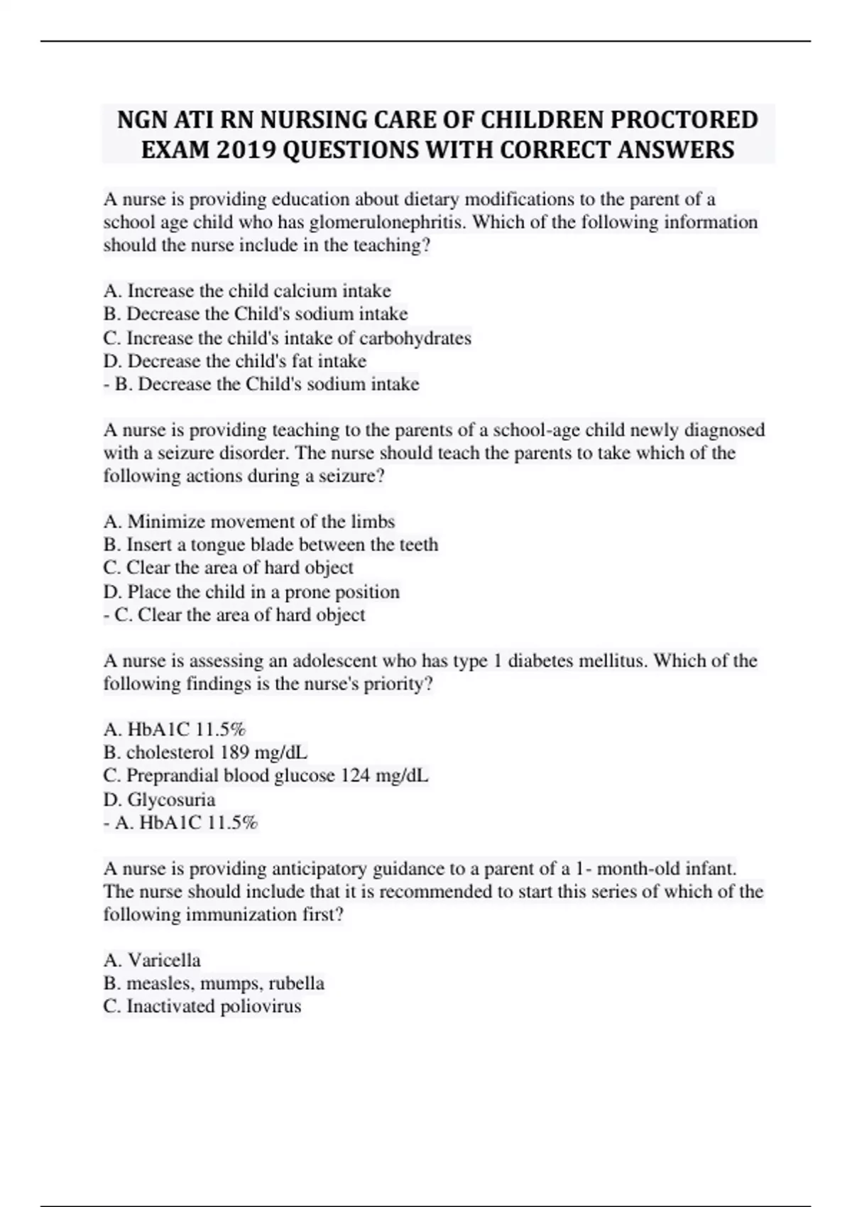 NGN ATI RN NURSING CARE OF CHILDREN PROCTORED EXAM 2019 QUESTIONS WITH