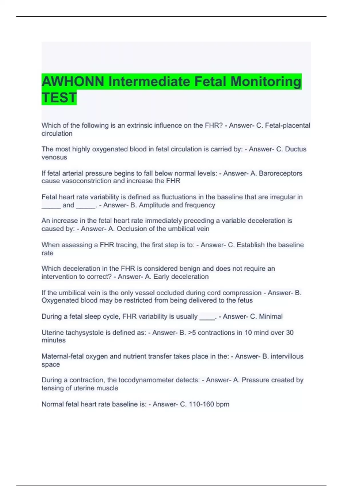 AWHONN Intermediate Fetal Monitoring TEST 2023 Questions and Answers ...