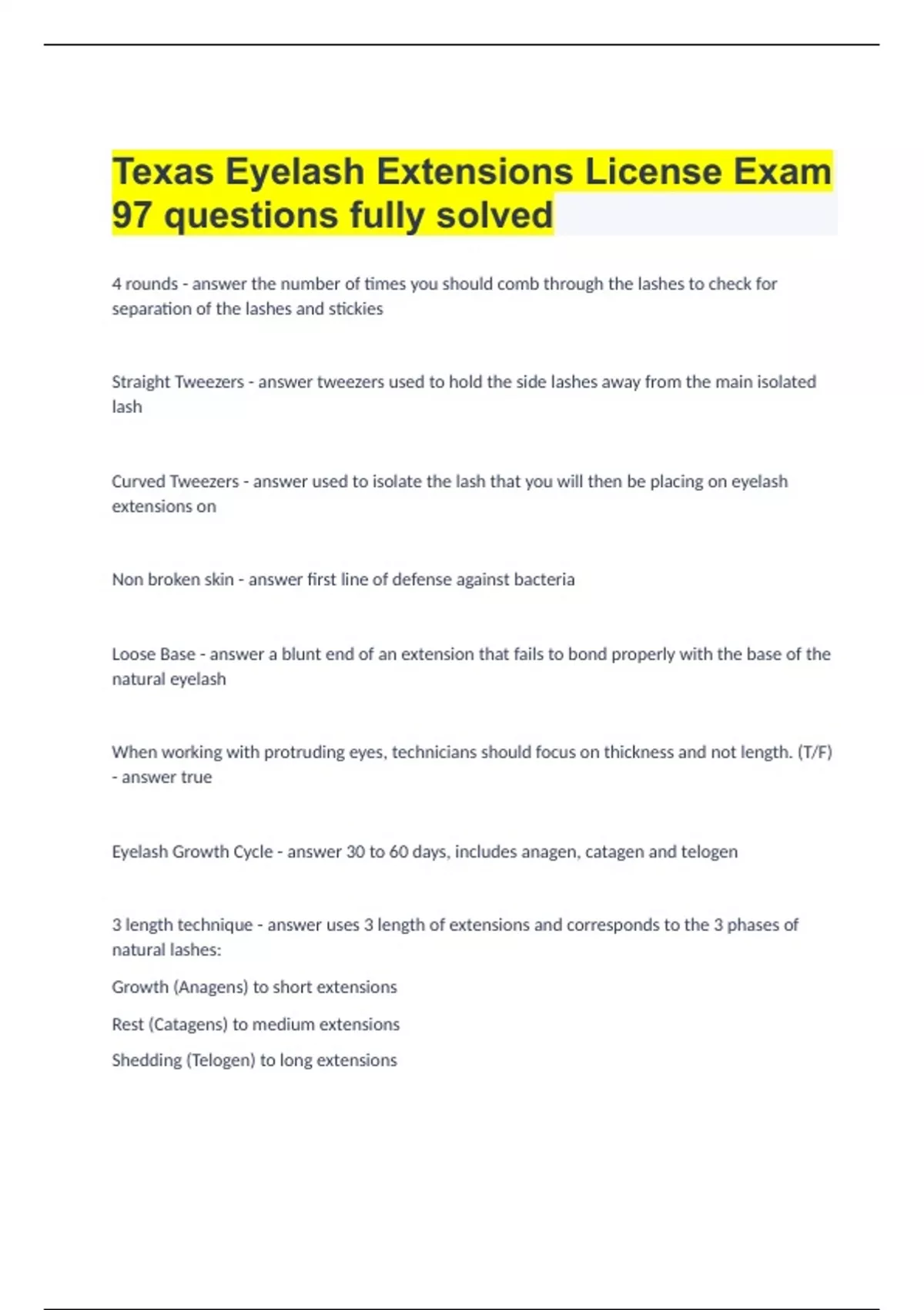 Texas Eyelash Extensions License Exam 97 questions fully solved TDLR