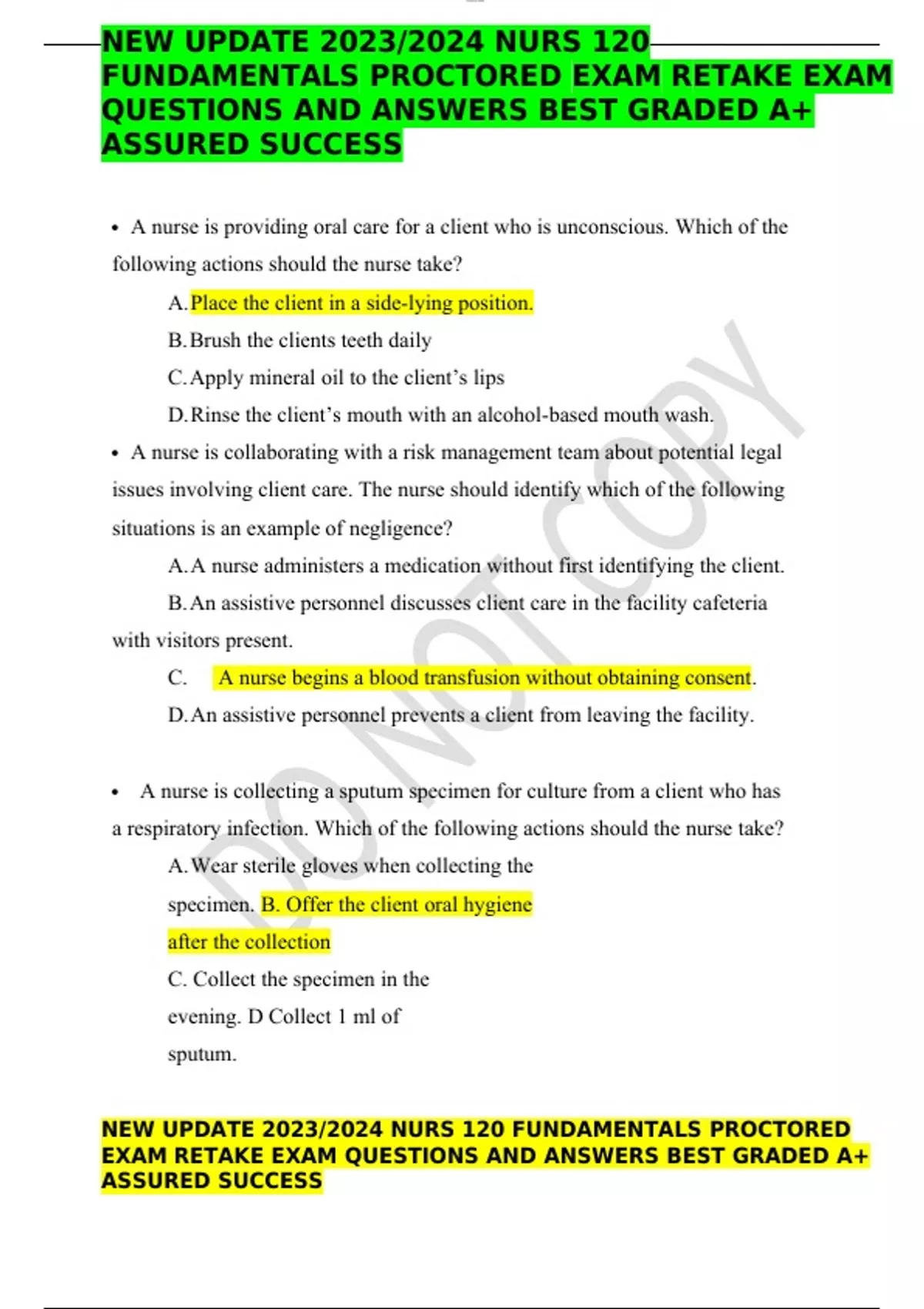 NEW UPDATE 2023/2024 NURS 120 FUNDAMENTALS PROCTORED EXAM RETAKE EXAM ...