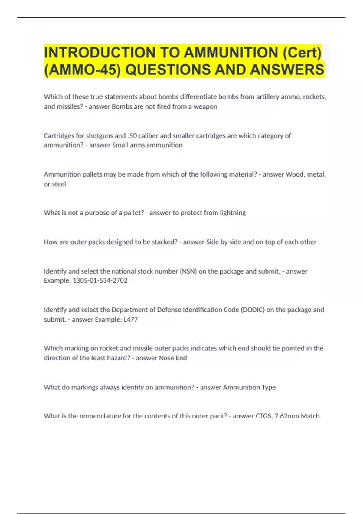 INTRODUCTION TO AMMUNITION (Cert) (AMMO45) QUESTIONS AND ANSWERS